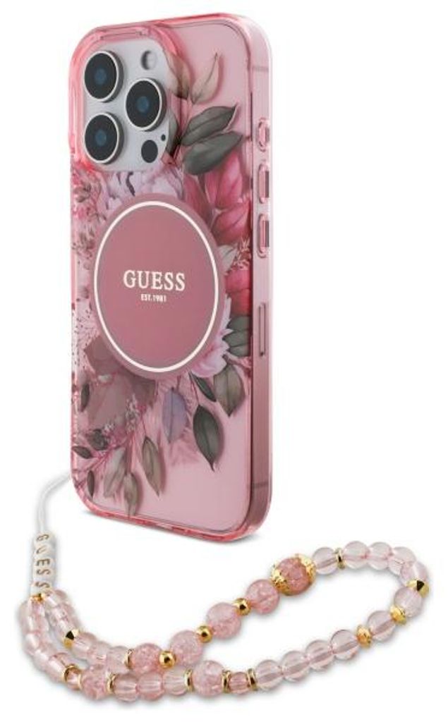 Guess IML Flowers With Pearl Strap MagSafe - Etui iPhone 16 Zdjęcie produktu 