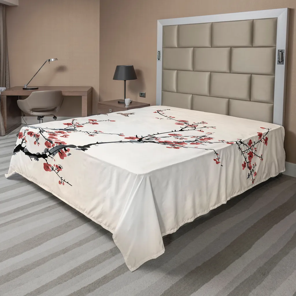 Drap de lit ABAKUHAUS Noir Fleurs de Cerisier 260x228 cm Motif Asiatique