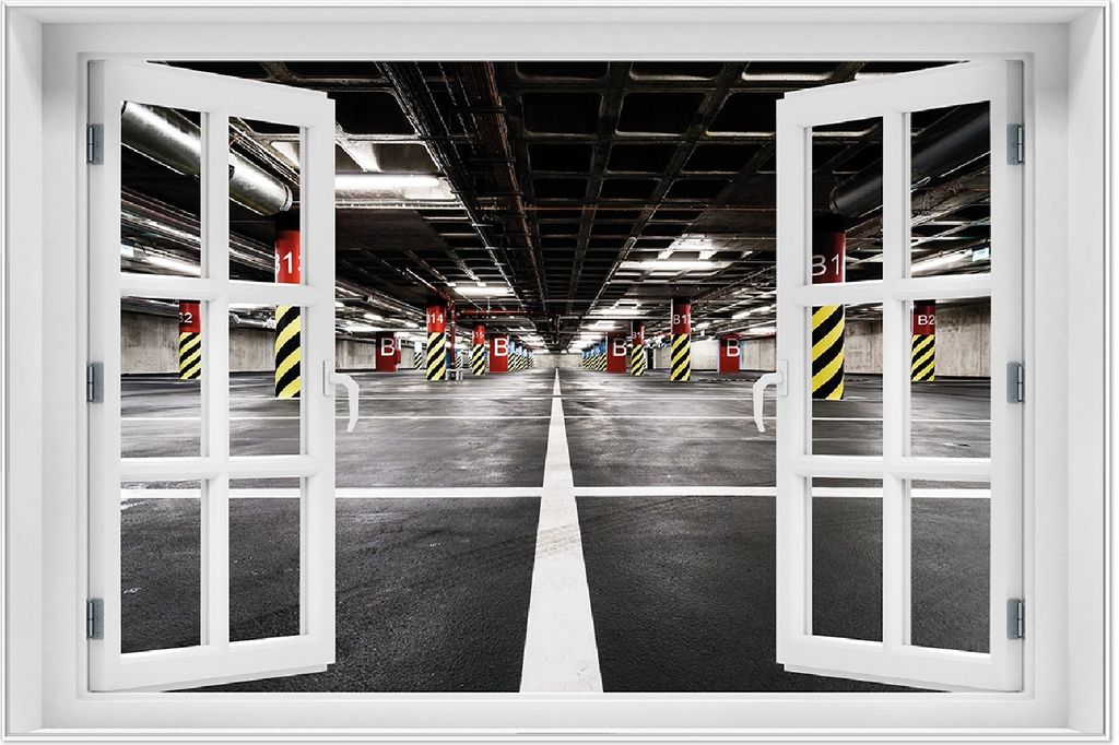 Wallario Wandbild mit Fenster-Illusion: Perspektive von unten leeres Parkhaus im Untergrund, Größe: 61 x 91,5 cm, Poster mit weißem Aluminiumrahmen