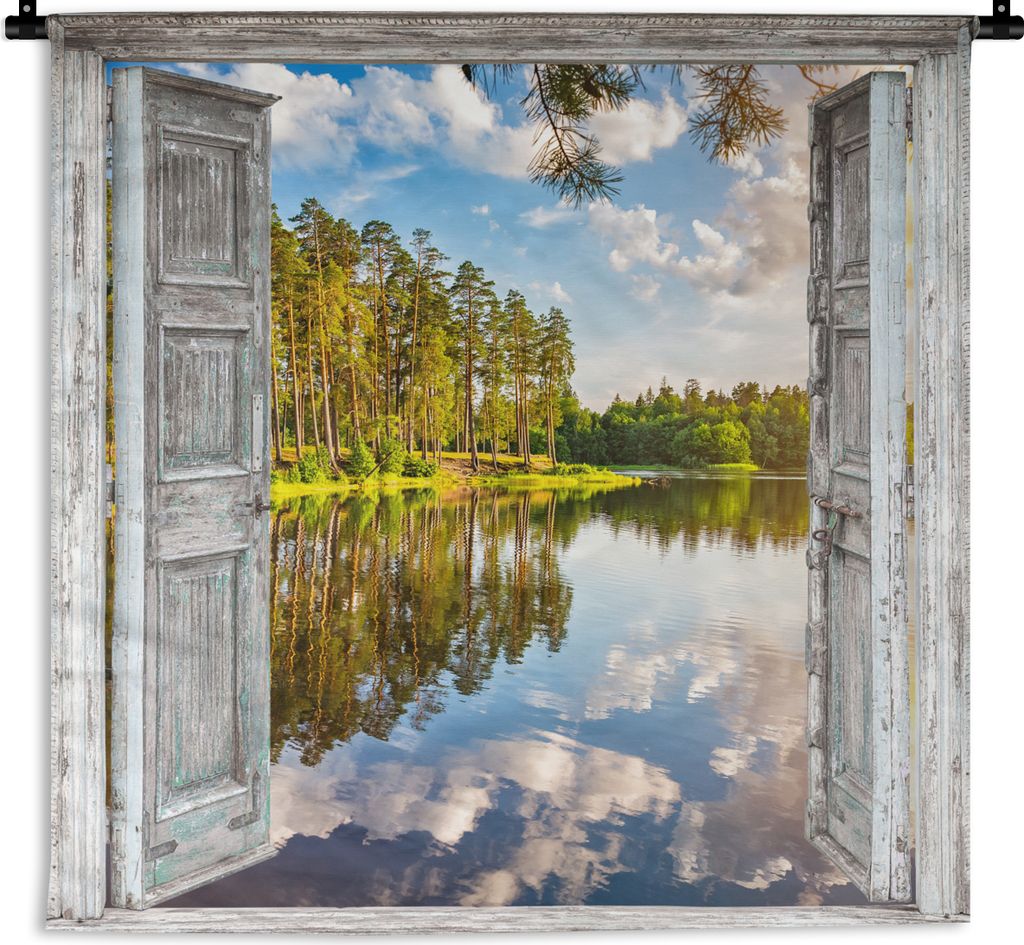 MuchoWow Wandteppich Wandbehang Wasser - Landschaft - Fenster - Aussicht 120x120 cm Tapisserie Dekoration Wandtuch - Modern - Baumwollgewebe