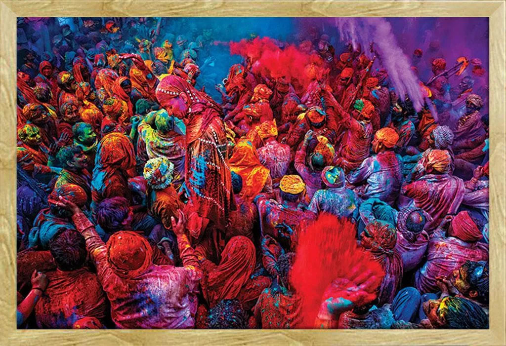 Déco Murale Bureau - Affiche Festival of Colours Cadre Bois Hêtre 61cm
