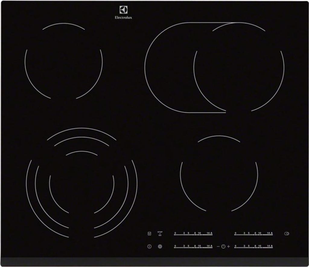 A top-down view of a black glass ceramic induction hob with four cooking zones and control panel.