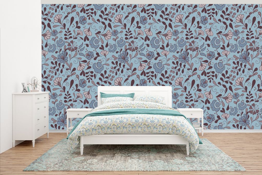 MuchoWow Fototapete für Wohnzimmer oder Schlafzimmer Wandtapete Vinyl Motivtapete Muster - Blume - Grau - Blau - 430x240 cm - Gemustert