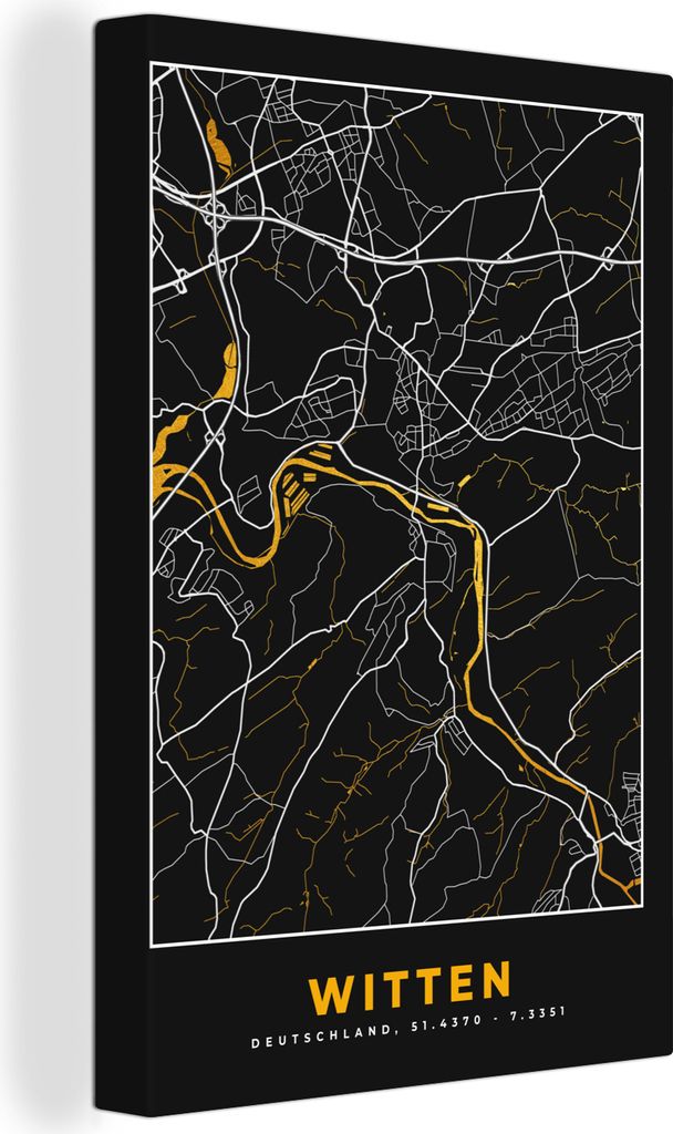 OneMillionCanvasses - Leinwandbilder - 90x140 cm, Witten - Gold - Stadtplan - Karte - Deutschland, Wandbilder Kunstdruck Wanddekoration - Foto au...