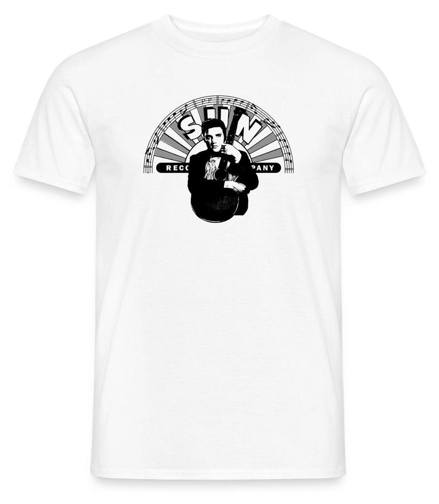 Spreadshirt Elvis Presley Elvis Mit Gitarre & Sun Records Logo Männer T-Shirt, S, Weiß
