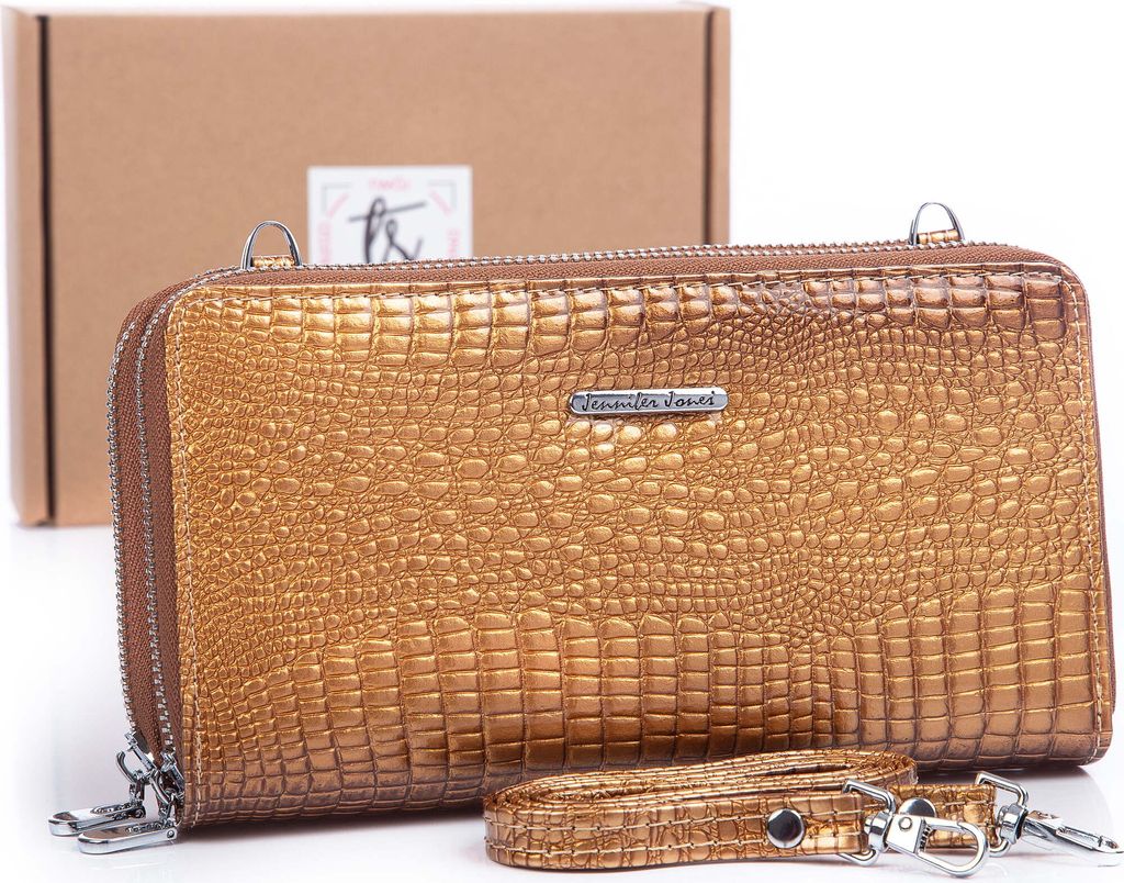 Jennifer Jones Damen Portemonnaie mit Schulterriemen Clutch-Geldbörse mit Reißverschluss Gold