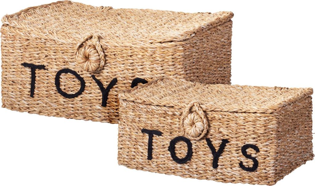 Two woven storage baskets labeled 'TOYS' are shown against a white background.