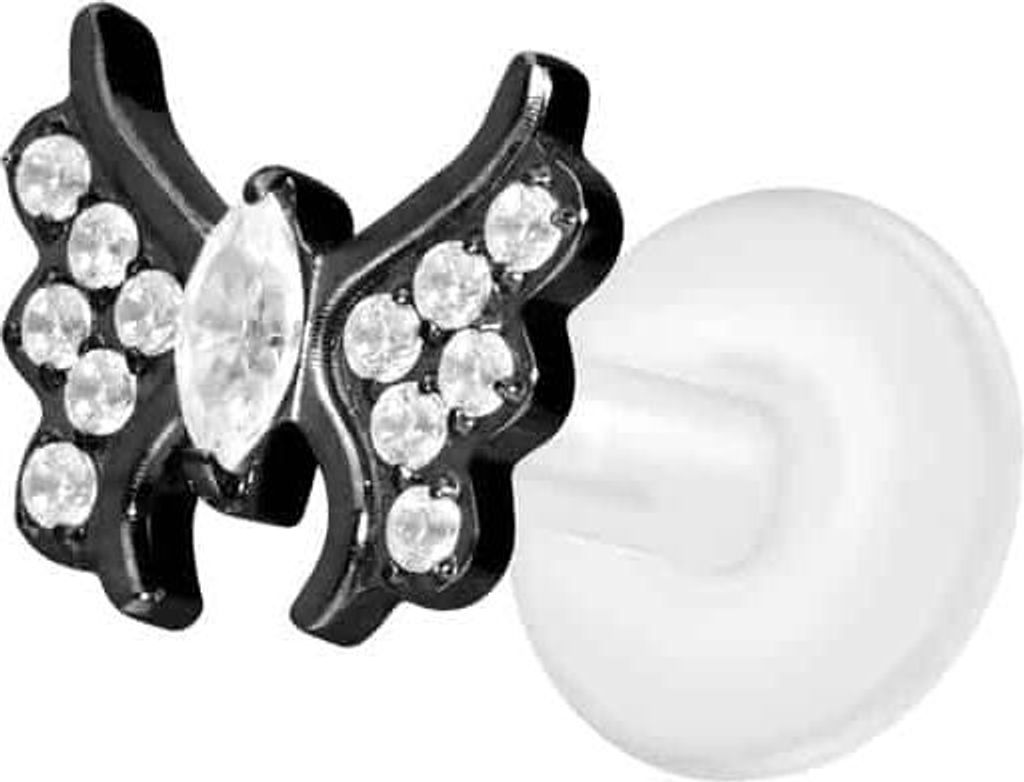 Ohrpiercing, Nasenpiercing PTFE Labret mit Innengewinde + Titan-Aufsatz KRISTALLSCHMETTERLING Schwarz Stablänge: 5mm | Stabstärke: 1,2mm