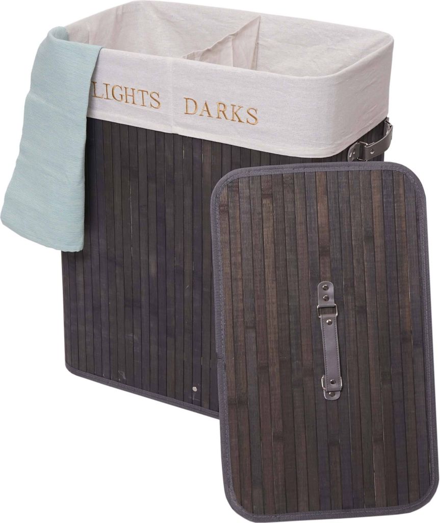 Wäschekorb HWC-C21, Laundry Wäschebox Wäschesammler Wäschebehälter, Bambus 2 Fächer 63x55x34cm 100l dunkelgrau