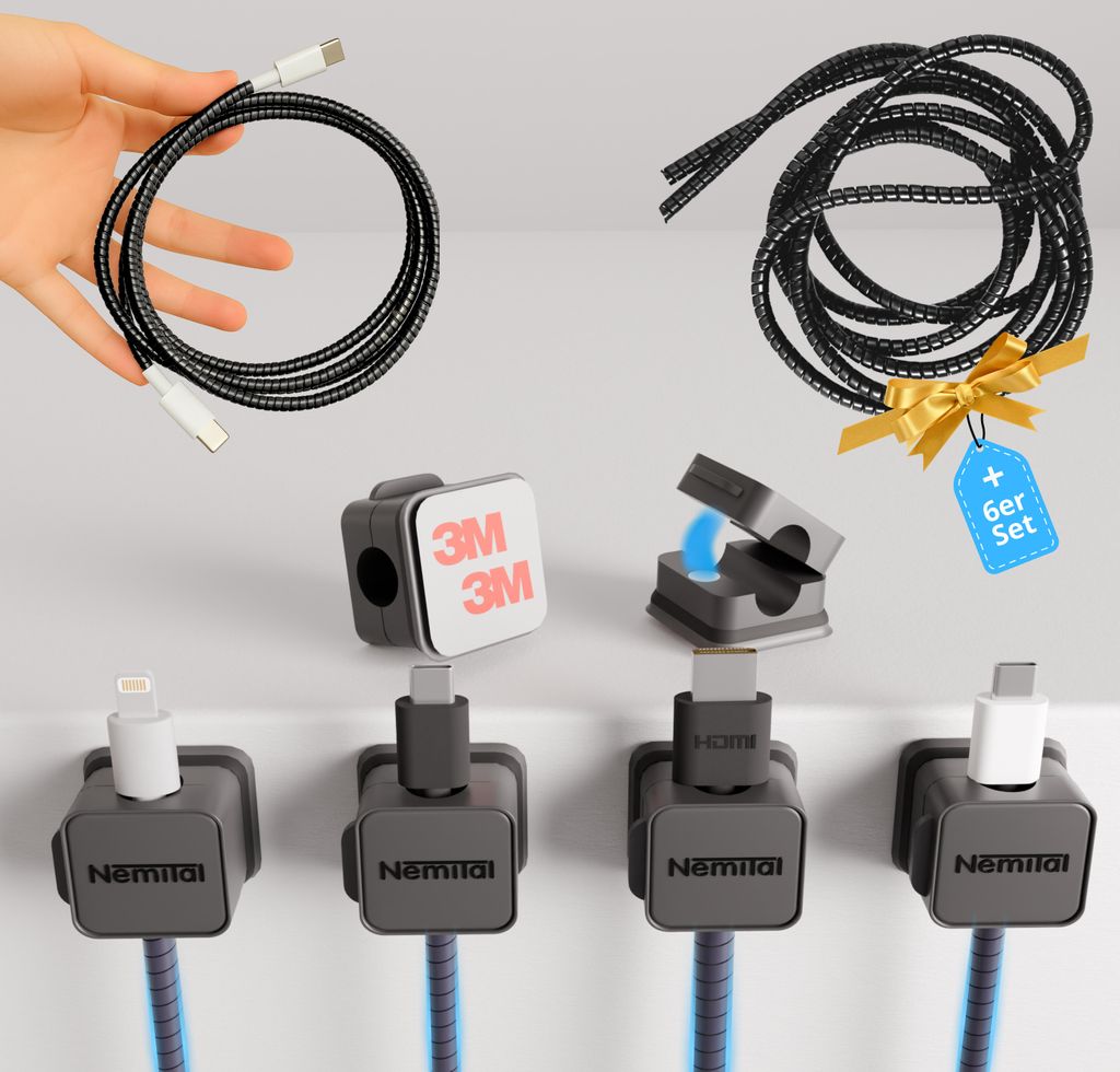 12 Stück NemiTal Kabelhalter+Kabelspirale 3M Kleber Kabelclips Organizer selbstklebend, Magnetische Kabelmanagement, für Schreibtisch HDMI, Ladek...