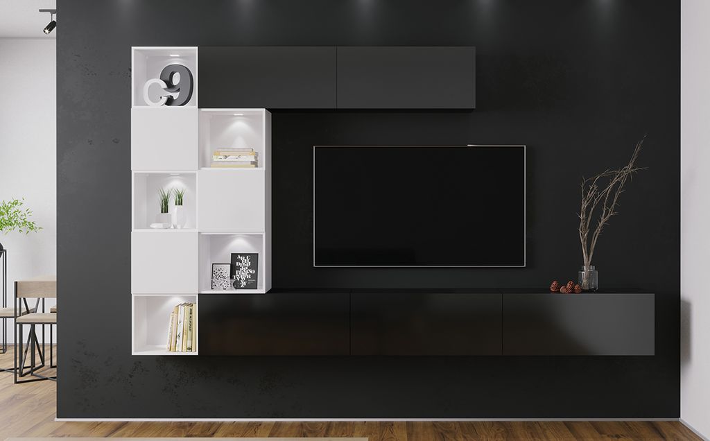 Wohnwand Schrankwand Medienwand ONYX 3 weiß / schwarz Hochglanz 13tlg. Wohnzimmer-Set