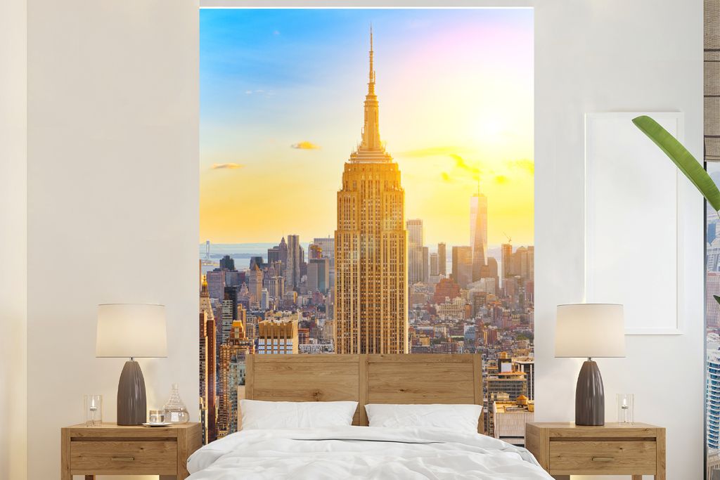 MuchoWow Fototapete für Wohnzimmer oder Schlafzimmer Wandtapete Vinyl Motivtapete New York - Sonne - Empire State Building - 145x220 cm - Wandde...