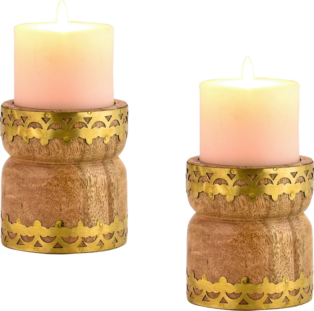 Hajid Set 2 Portacandele Decorativi Boho - Legno Intagliato a Mano