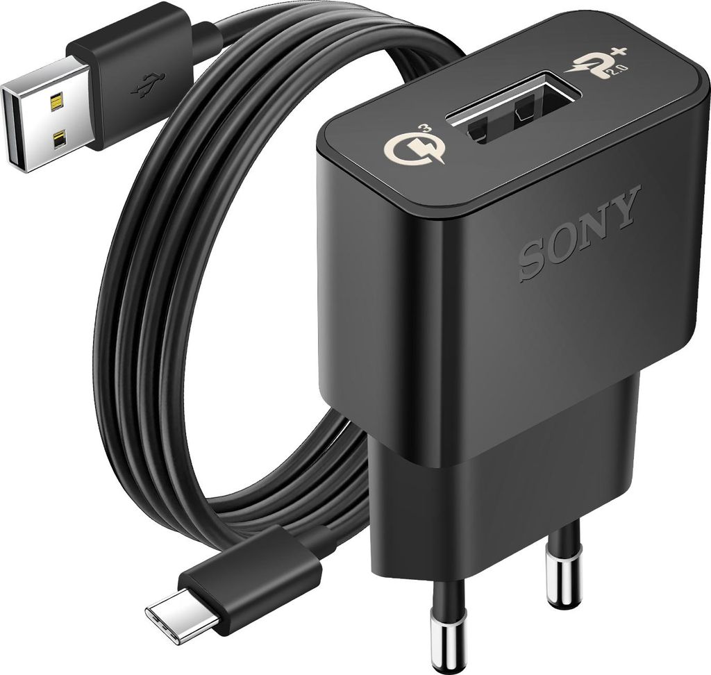 A black Sony USB charger and USB-C cable are displayed against a white background.