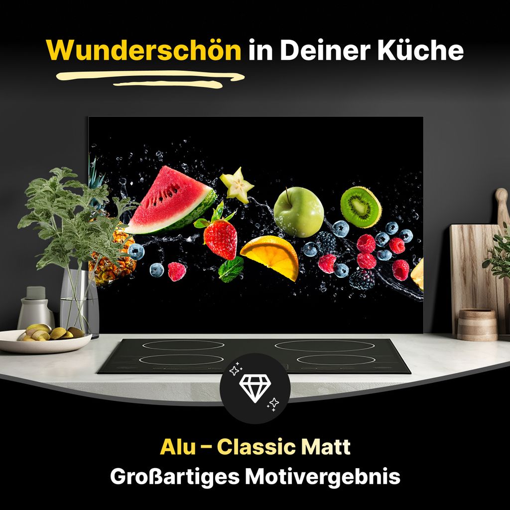 Spritzschutz Küchenrückwand aus Aluminiumverbund in Matt 60x60 cm - Bunte Früchte mit Wasserspritzern