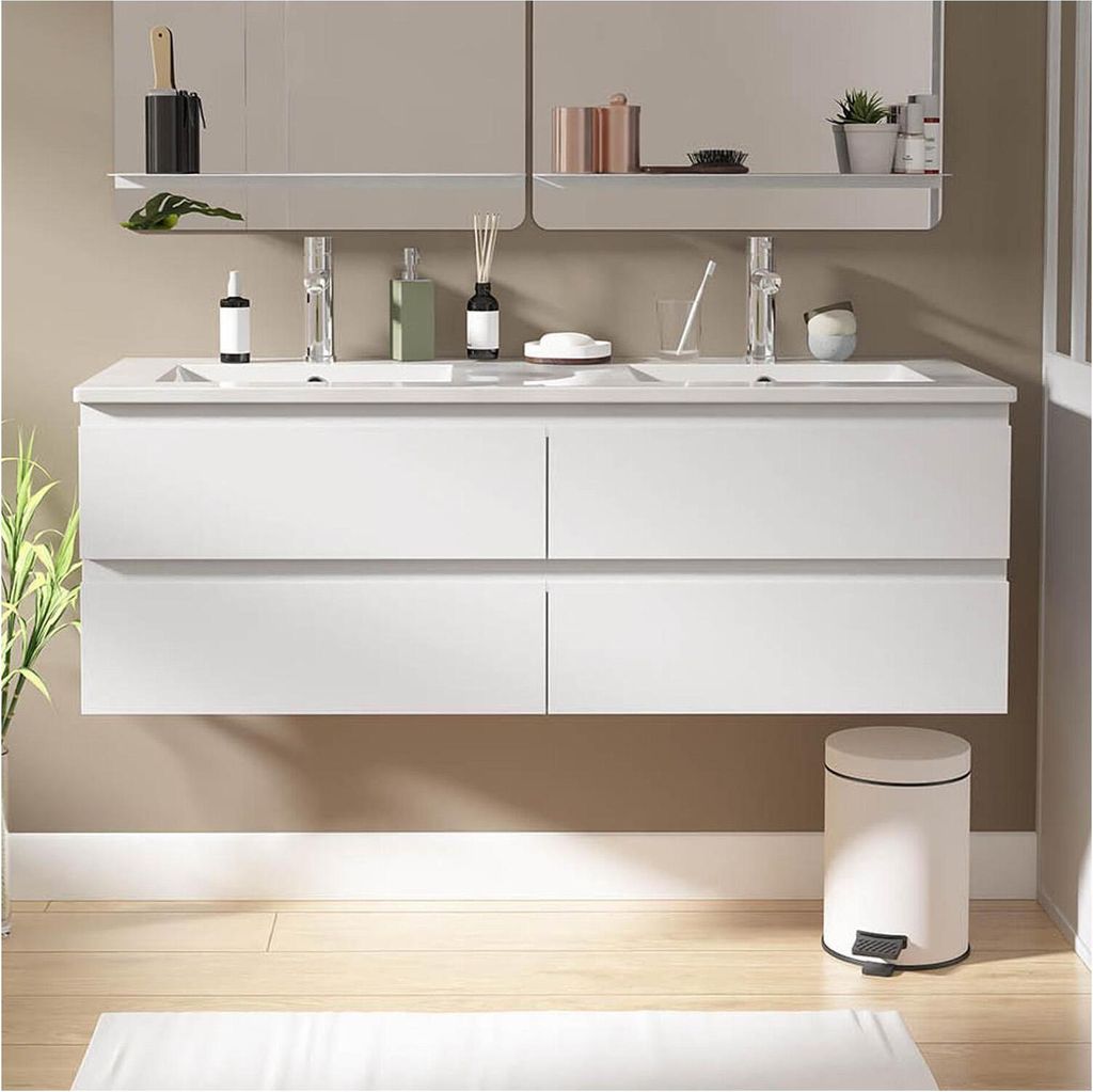 Doppelwaschtisch 120cm Keramik-Platte & Chrom-Armaturen Produktbild 
