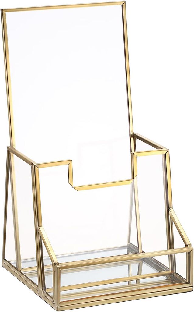 Prospekthalter aus Metall und Glas im Format A6 mit Thekenaufsteller, Maße 11 × 11 × 20 cm