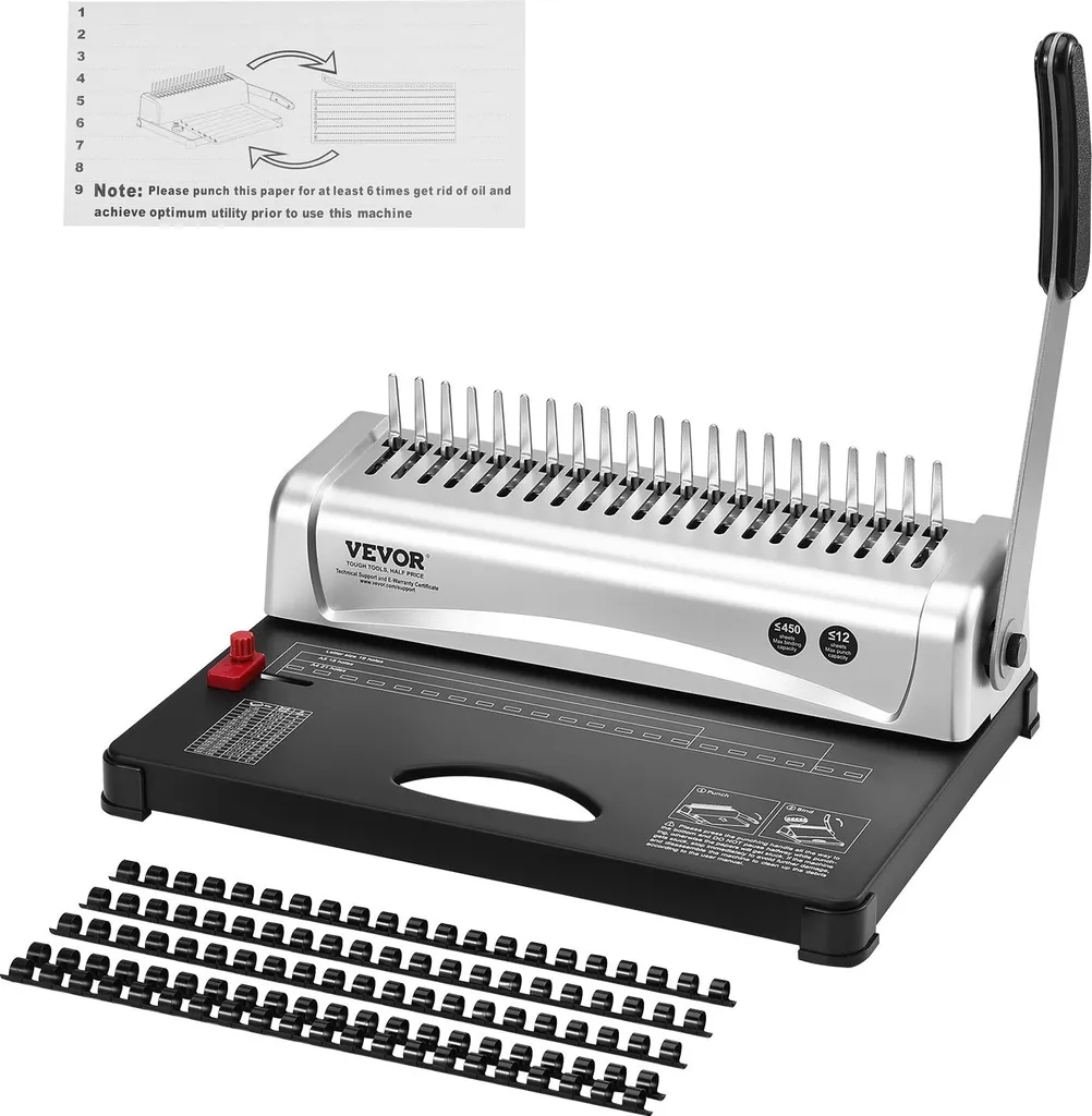Rilegatrice, rilegatrice a pettine a 21 fori per 450 fogli, rilegatrice di libri con 100 pezzi da 3/8 di pollice per dorsi di rilegatura a pettine, per formato lettera, A4, A5