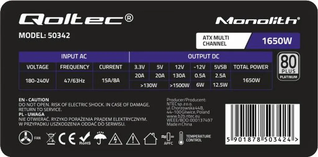 Bloc d'alimentation PC 1650W ATX Qoltec pour stations de travail Pro - 10