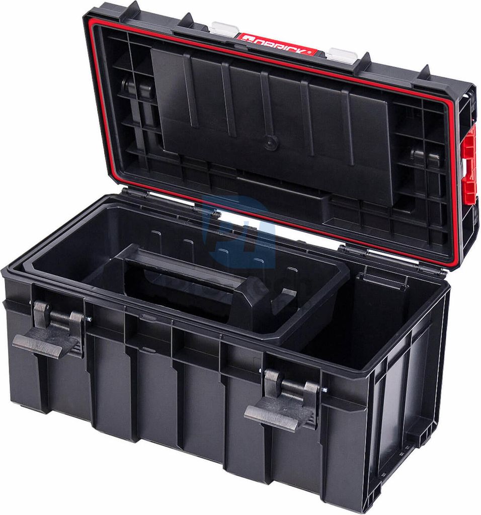 An open black toolbox with a red seal on the lid, shown from a slightly elevated angle against a white background.