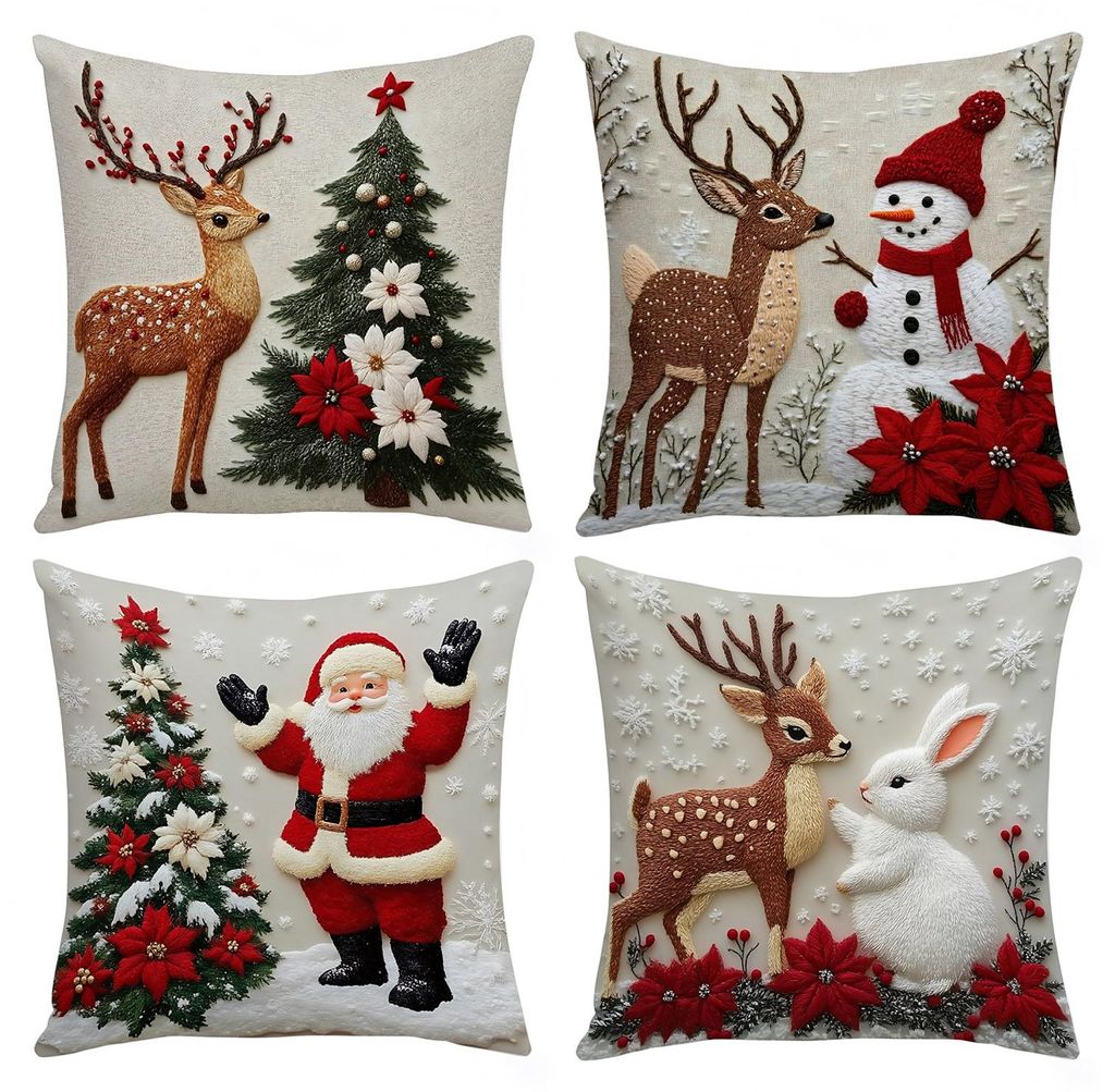 Weihnachtskissenbezug 45 x 45 cm (18 x 18 Zoll) mit Weihnachtsmann- und Rentiermotiv, verdecktem Reißverschluss, Baum und Schneemann, Dekokissenbe...