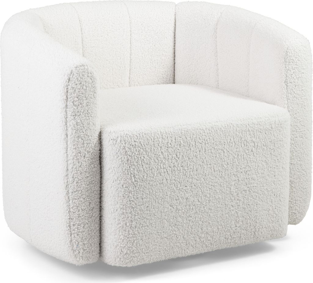 A white sherpa armchair is shown from a slightly elevated front-side angle against a white background.