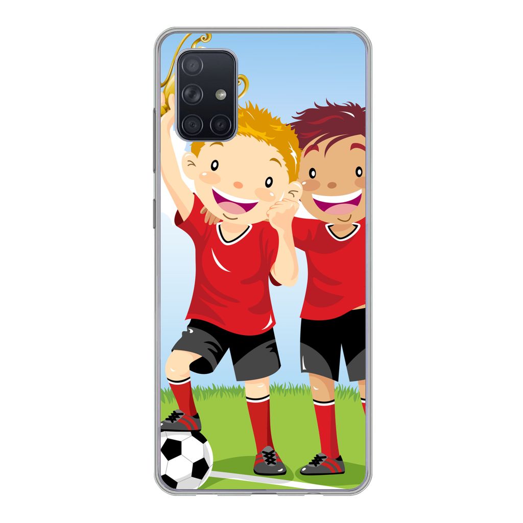 MuchoWow Handyhülle Schutzhülle Hülle für Samsung Galaxy A71 Eine Illustration von zwei Fußballspielern, die einen Preis gewonnen haben - Ju...