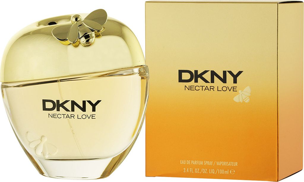 A bottle of DKNY Nectar Love perfume and its packaging are displayed side-by-side against a white background.