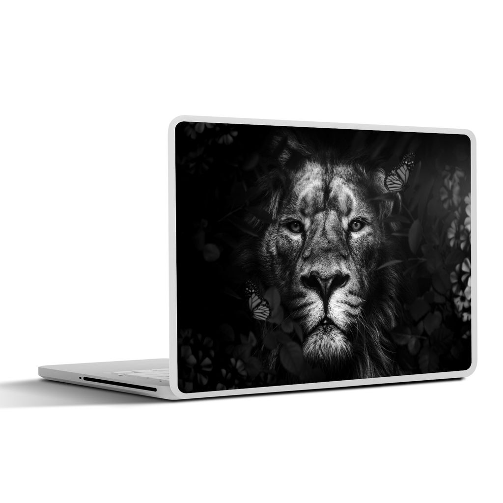MuchoWow Laptop Aufkleber Sticker Cover Löwe mit Schmetterlingen und Blumen im Dschungel - schwarz und weiß 31x22.5 cm - Laptop-Deko