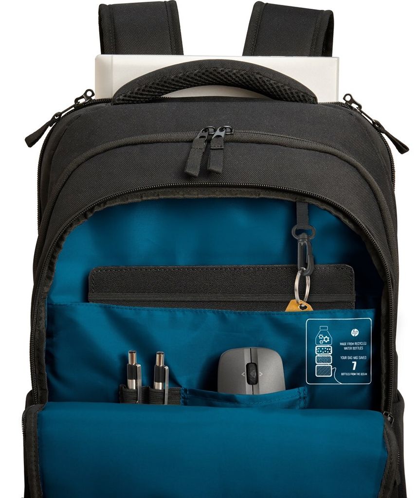 The inside of an open black backpack with various items organized within its compartments.