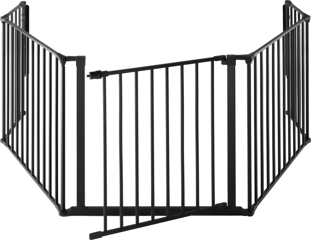 A black metal fireplace gate is shown against a white background.
