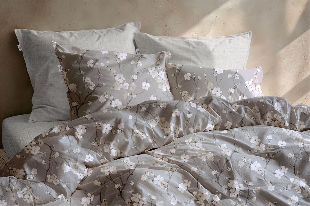 Zo! Home Flanell Bettwäsche 135x200 Aria Grey Äste Blüten grau beige