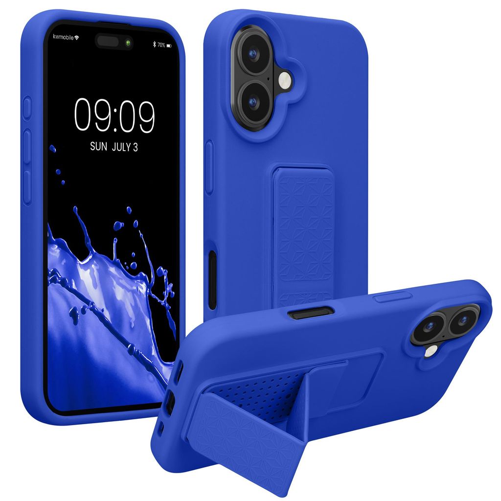 kwmobile Handyhülle kompatibel mit Apple iPhone 16 - Hülle mit Fingerhalter und Standfunktion - Silikon Case Handy Cover in Baltik Blau