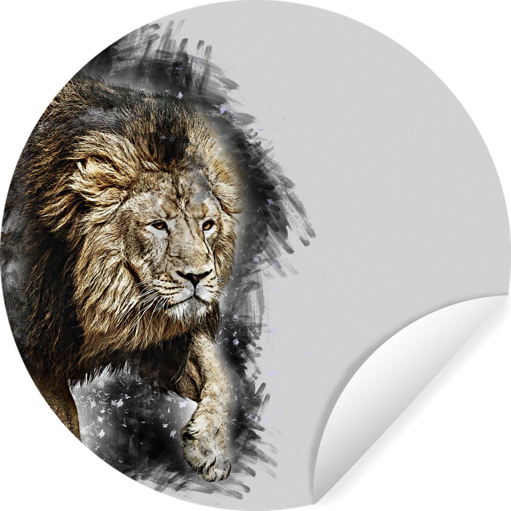 MuchoWow Runde Wandtattoo - Wandsticker Tapete Aufkleber Löwe - Farbe - Schwarz - Weiß Ø 50 cm Selbstklebend und Repositionierbar - Wandaufkle...