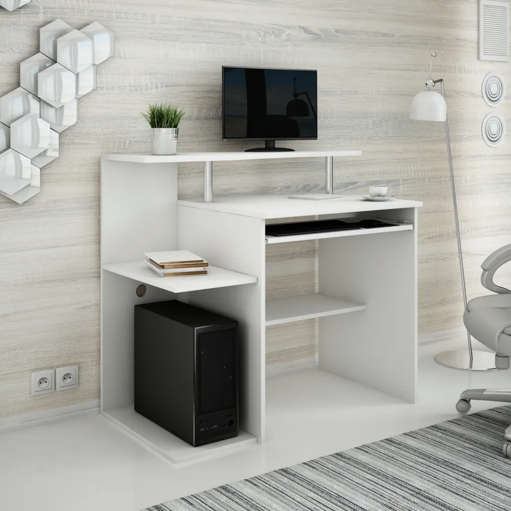 Bureau blanc 100x91x50 cm avec 5 étagères en stratifié haute qualité