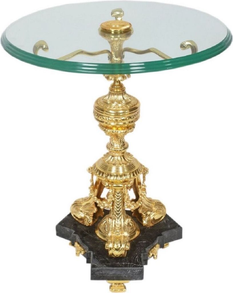 Casa Padrino Barock Beistelltisch Gold / Schwarz Ø 53 x H. 67 cm - Runder vergoldeter Bronze Tisch mit Glasplatte und Marmorsockel - Barock Wohnzi...