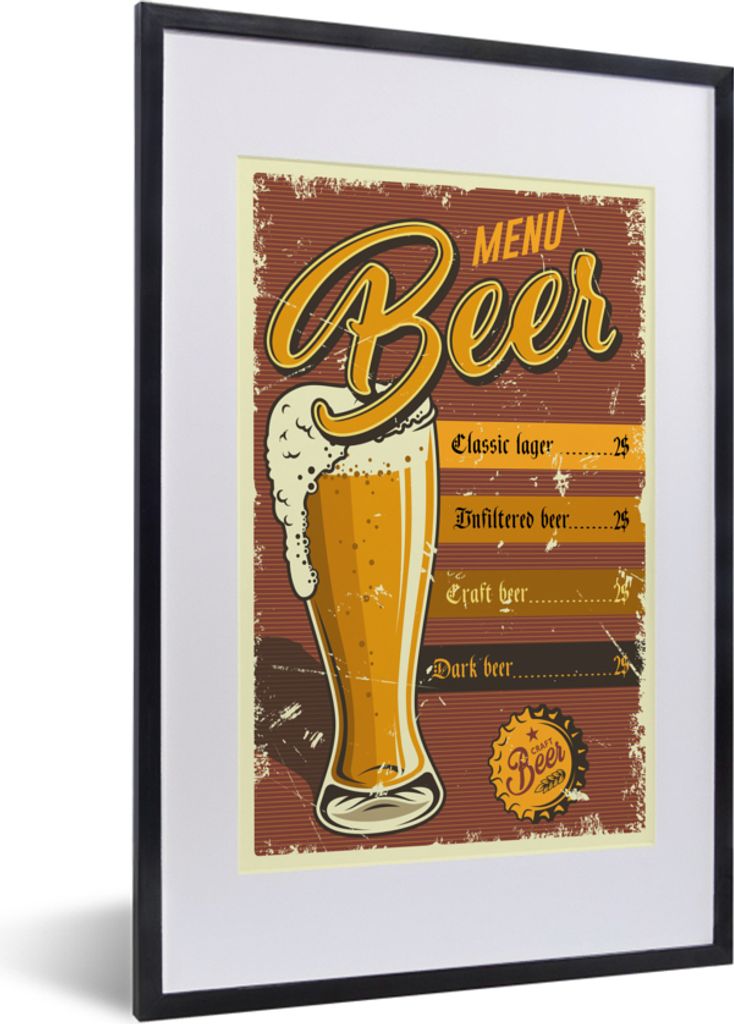 MuchoWow MuchoWow Gerahmtes Poster Mancave - Bier - Vintage - Werbung 40x60 cm - Poster mit zchwarzem Bilderrahmen - Poster in Rahmen