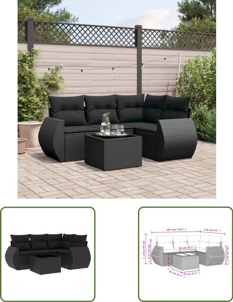 The Living Store 5-tlg. Garten-Sofagarnitur mit Kissen Schwarz Poly Rattan