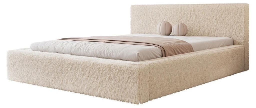 Polsterbett SIERO 140x200 Creme Kunstfell Teddy-Optik mit Bettkasten & Lattenrost
