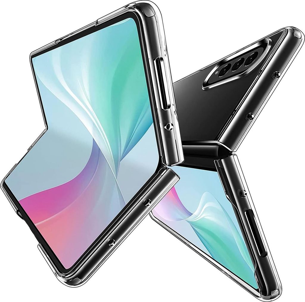 Two transparent phone cases for a foldable phone are shown in a studio setting.