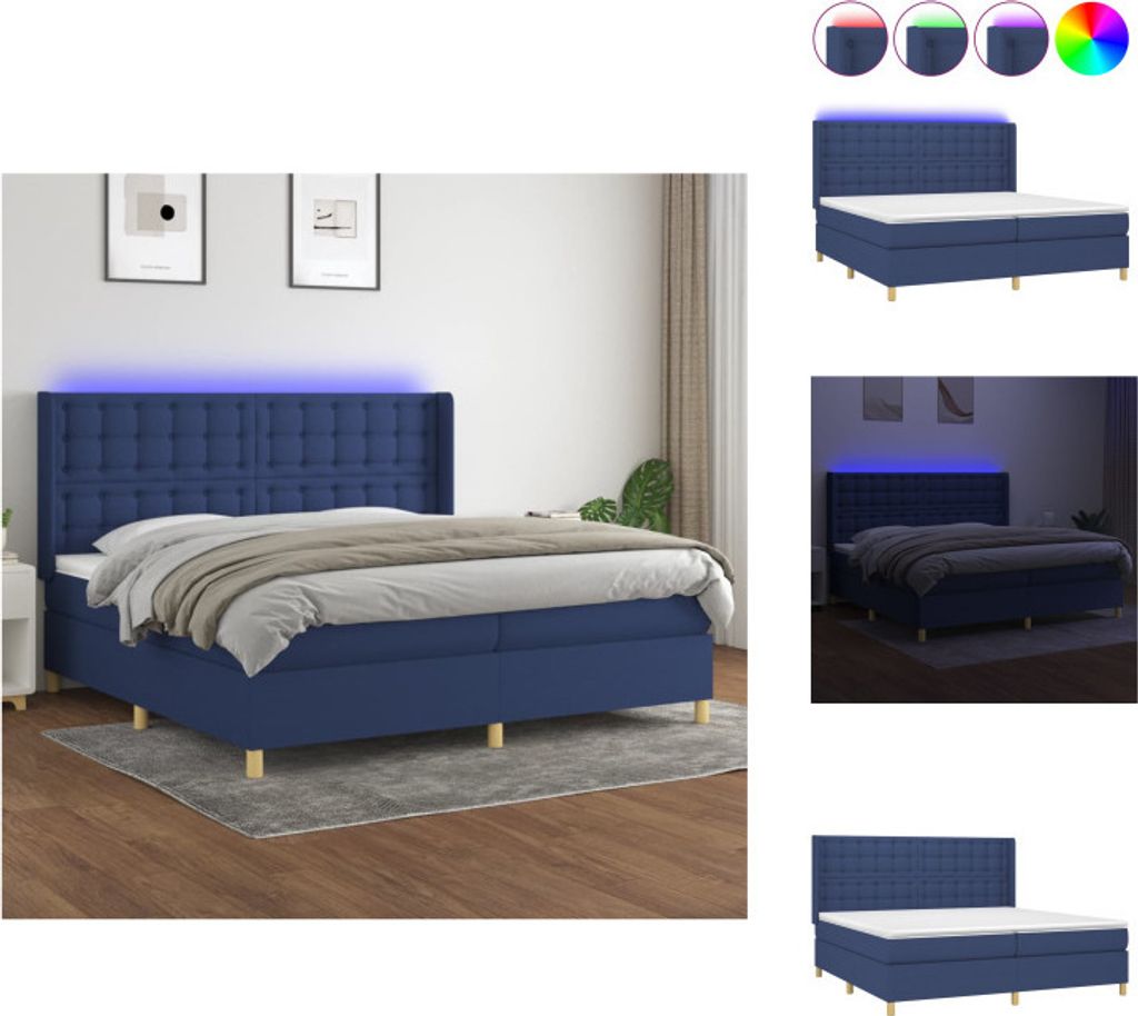 vidaXL Boxspringbett mit Matratze & LED Blau 200x200 cm Stoff - Betten & Bettgestelle