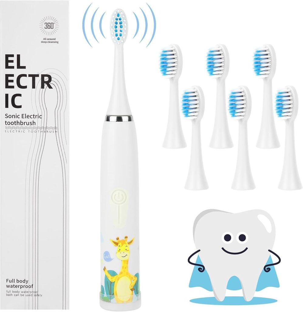 Elektrische Zahnbürste ,Kinderzahnbürste ab 5 Jahre, 6 weiche Ersatzbürstenköpfen, 2 Minuten Smart Timer, Wasserdicht IPX6, für Empfindliche B...