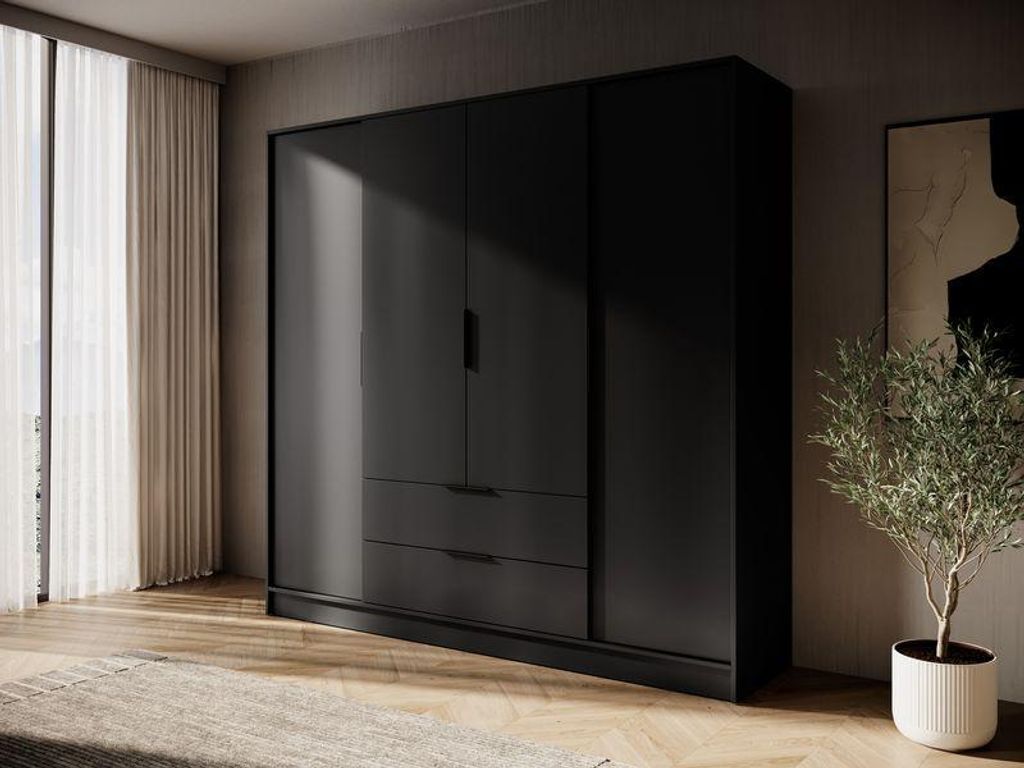 Kleiderschrank – Schlafzimmerschrank – Kleiderschrank 4 Türen mit 2 Schubladen – KELLY 4D – 206 cm – Schwarz – Moderner Stauraum für ...