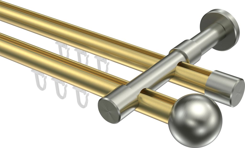 Interdeco Innenlaufstange / Gardinenstange mit Innenlauf Messing-Optik / Edelstahl-Optik, Typ Prestige Luino (Kugel), 20 mm Ø 2-läufig, 220 cm