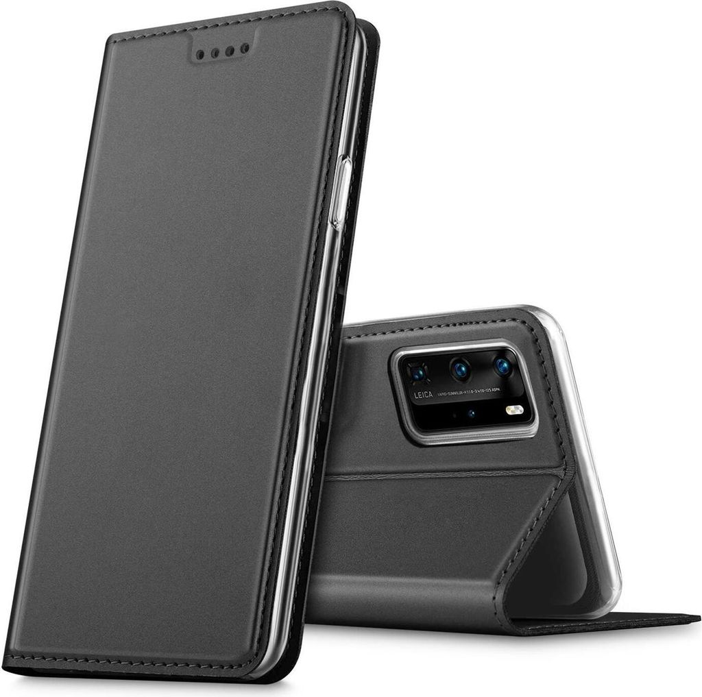 Conie Ultra Slim Klapp Tasche für Huawei P40 Pro Kartenfach Hülle Rundumschutz in Anthrazit / Grau