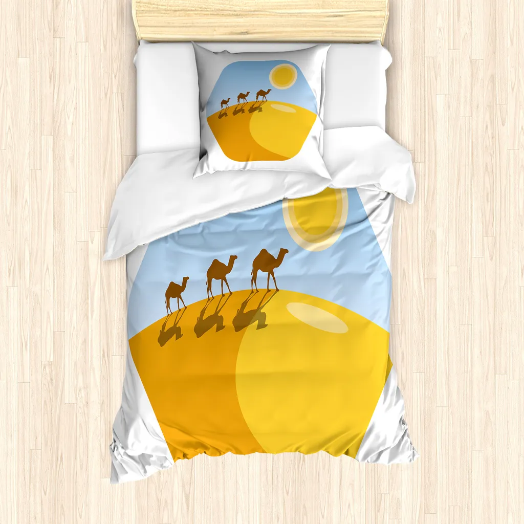 ABAKUHAUS Set copripiumino egiziano per letti singoli, cammelli nel deserto Cartoon, antiacaro, adatto a chi soffre di allergie, con federa, 135 cm x 200 cm - 80 x 80 cm, bianco, azzurro, arancione