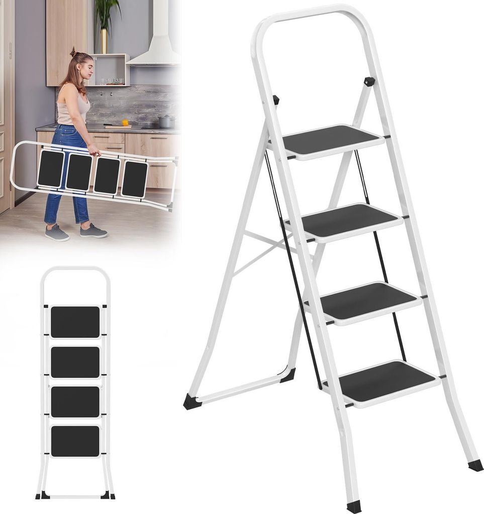 NAIZY Trittleiter Klappbar 4 Stufen – Haushaltsleiter aus Stahl, rutschfeste Trittflächen, Sicherheitsverriegelung, 150 kg belastbar, Klappleite...