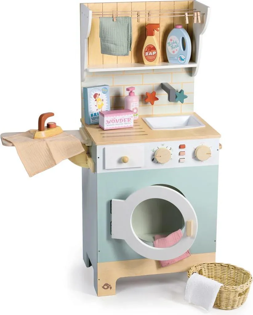 Tender Leaf Lave-linge Bois avec tambour rotatif - Bleu Pastel et Blanc