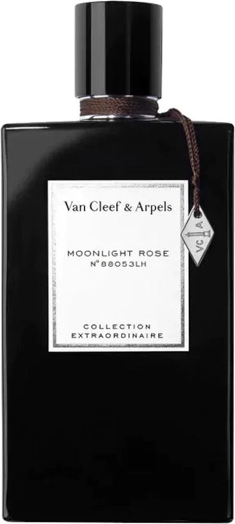A black perfume bottle with a white label and a small silver tag.