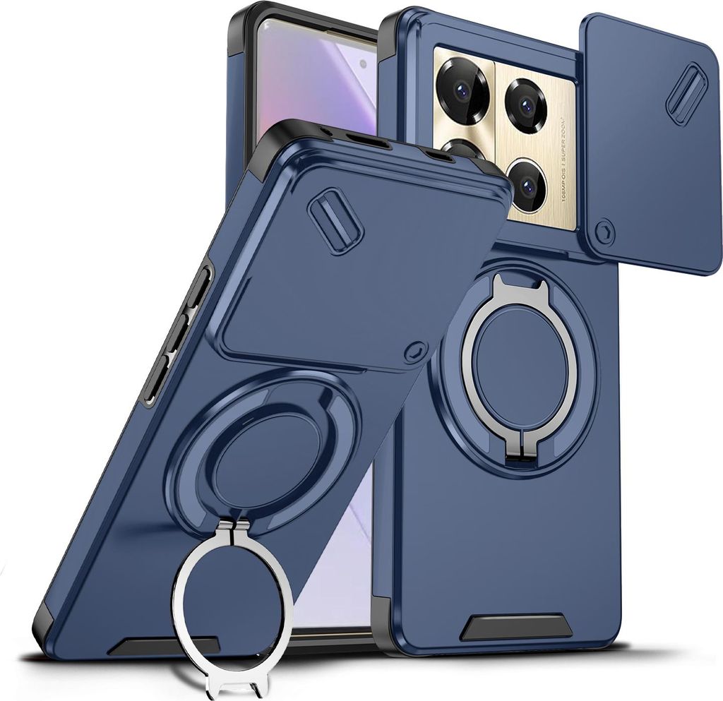 Handyhülle für Infinix Note 40 Pro 5G/4G Dual-Layer Stoßfest Militär Hülle mit Dia Kameraschutz und Magnetisch Ring Ständer Blau